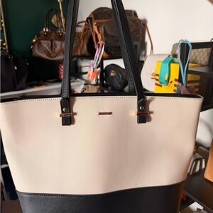 Black Cream/white Two Tone Structured Tote Bag Gold Hardware Saffiano Large